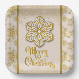 Plato De Papel Feliz Navidad Snowflakes Gold Purpurina Sparkle
