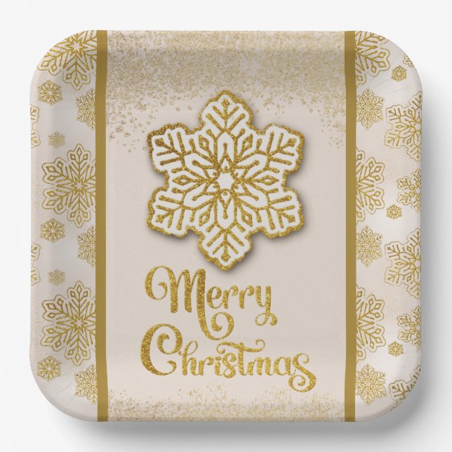 Plato De Papel Feliz Navidad Snowflakes Gold Purpurina Sparkle (Anverso)