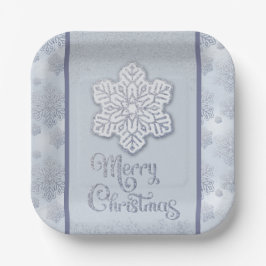 Plato De Papel Feliz Navidad Snowflakes Silver Purpurina