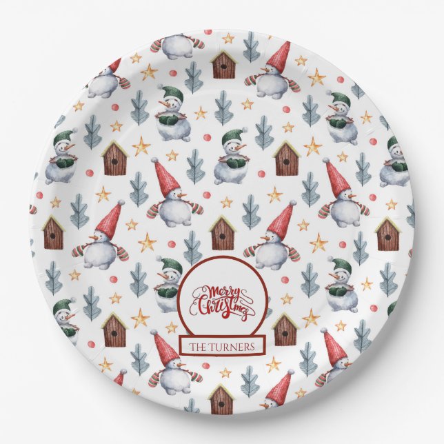 Plato De Papel Feliz Navidad Snowflakes Snowflakes Monograma (Anverso)