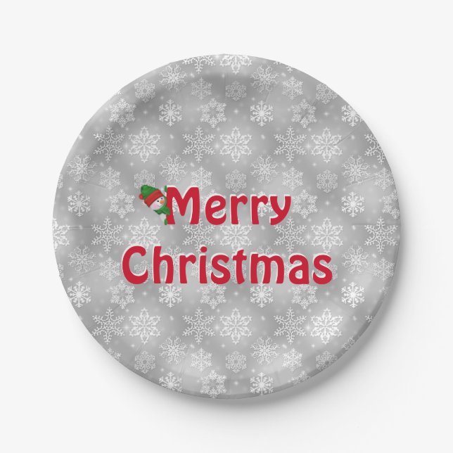 Plato De Papel Feliz Navidad Snowflakes y Snowman (Anverso)