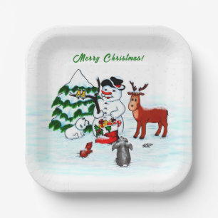 Plato De Papel ¡Feliz Navidad! Snowman con sus amigos