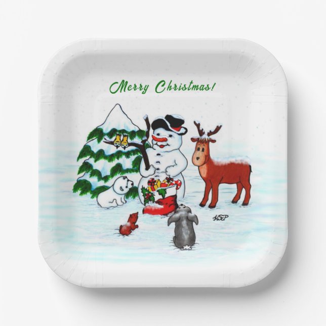 Plato De Papel ¡Feliz Navidad! Snowman con sus amigos (Anverso)