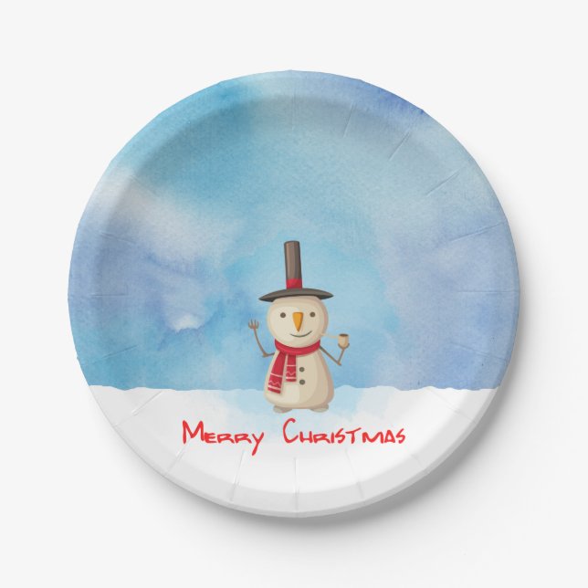 Plato De Papel Feliz Navidad Snowman ondeando Y Sonriendo (Anverso)