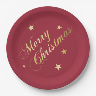 Plato De Papel Feliz Navidad Stars Wine Red Gold Napkins