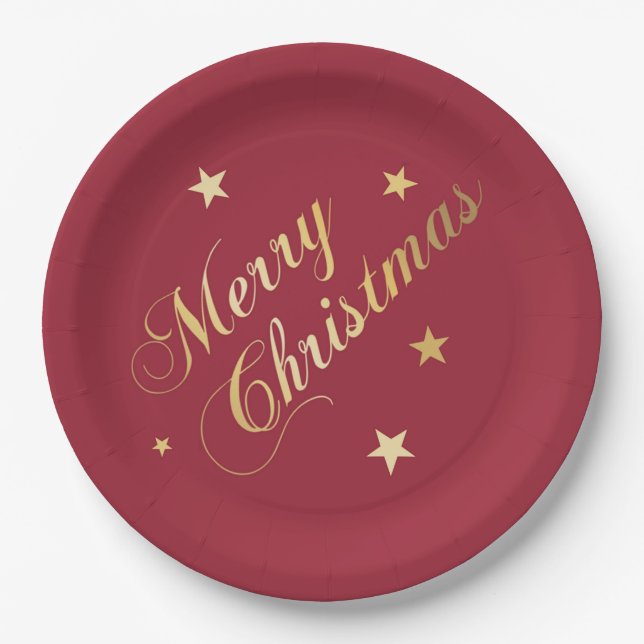 Plato De Papel Feliz Navidad Stars Wine Red Gold Napkins (Anverso)