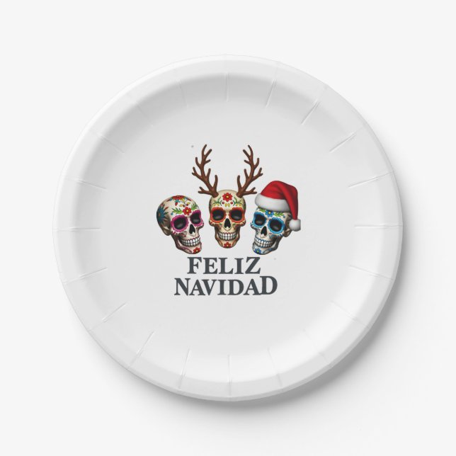 Plato De Papel Feliz Navidad Sugar Skulls Reindeer Santa Mexican  (Anverso)