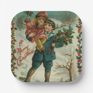 Plato De Papel Feliz Navidad - tarjeta postal retro, niños, acebo
