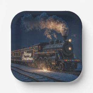 Plato De Papel Feliz Navidad Tren Antiguo en la Nieve