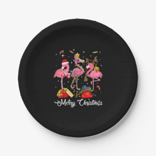 Plato De Papel Feliz Navidad Tres Flamingo Con Santa Hat