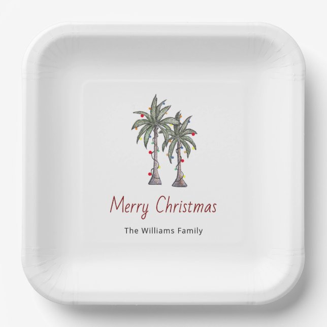 Plato De Papel Feliz Navidad Tropical Palm Trees de vacaciones (Anverso)