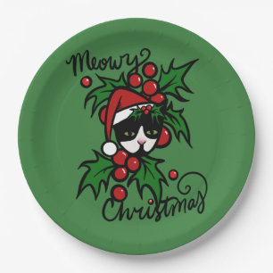 Plato De Papel Feliz Navidad Tuxedo Cat