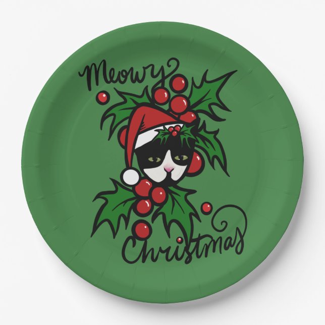 Plato De Papel Feliz Navidad Tuxedo Cat (Anverso)