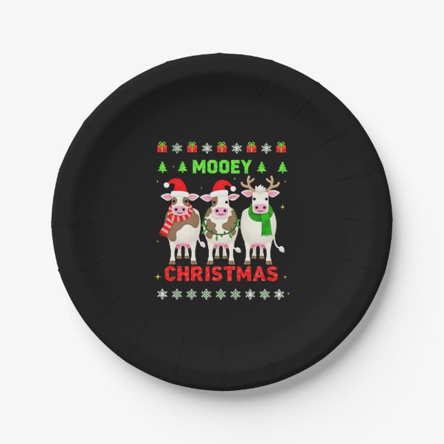 Plato De Papel Feliz Navidad Vaca Navidad Suéter Feo Pijama  (Anverso)