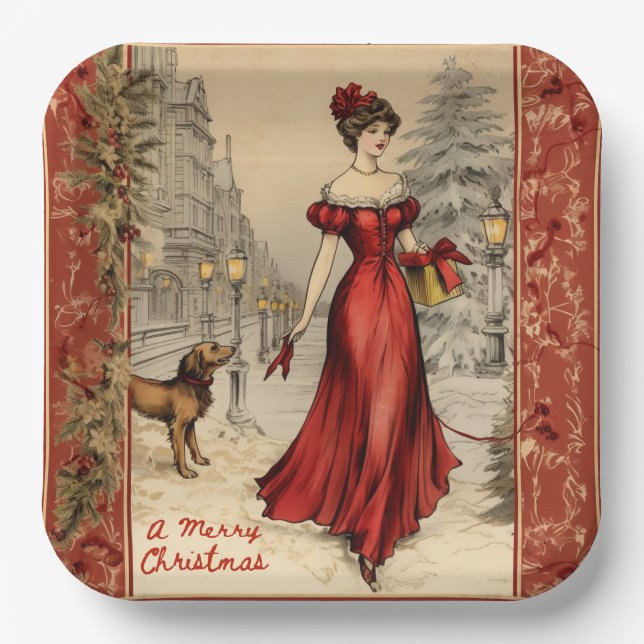 Plato De Papel Feliz Navidad Victoriana Lady Ilustracion (Anverso)