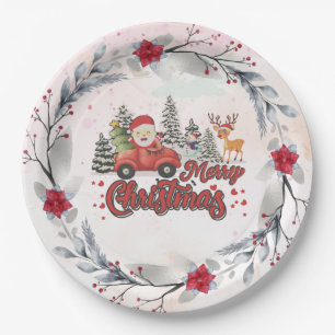 Plato De Papel Feliz Navidad Vintage Red Santa Camión Regalos