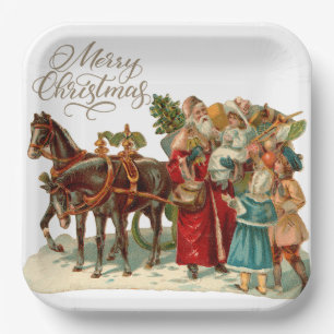 Plato De Papel Feliz Navidad Vintage Santa con niños