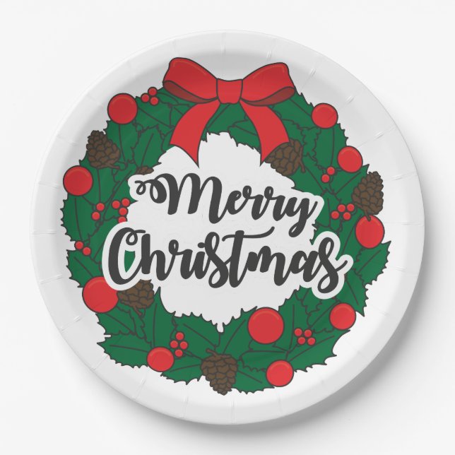 Plato De Papel Feliz Navidad Wreath (Anverso)