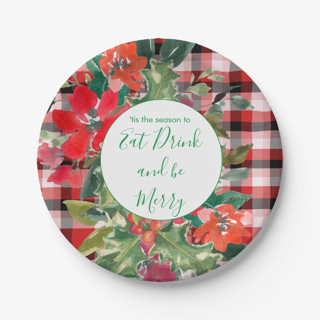 Plato De Papel Feliz Navidad Wreath Red Plaid Green (Anverso)