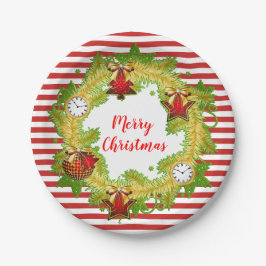 Plato De Papel Feliz Navidad Wreath & Stripes