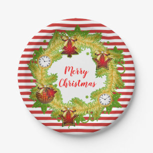 Plato De Papel Feliz Navidad Wreath & Stripes