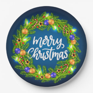 Plato De Papel Feliz Navidad Wreath verde en azul 9"