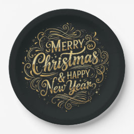 Plato De Papel Feliz Navidad y Feliz Año Nuevo en negro y oro