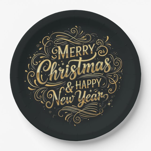 Plato De Papel Feliz Navidad y Feliz Año Nuevo en negro y oro (Anverso)