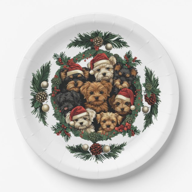 Plato De Papel Feliz Navidad Yorkshire Terrier Dogs (Anverso)
