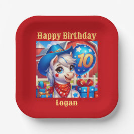 Plato De Papel Felíz niño de 10 años Pony