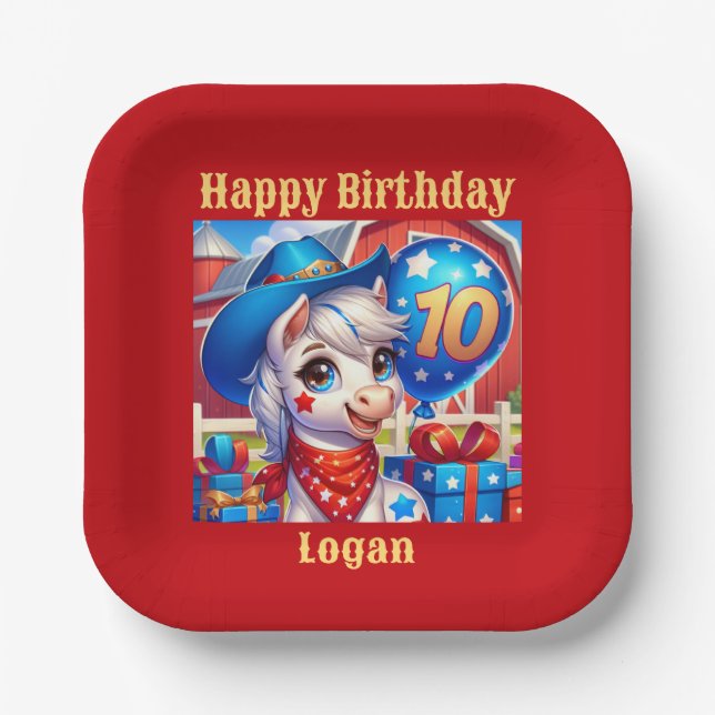 Plato De Papel Felíz niño de 10 años Pony (Anverso)