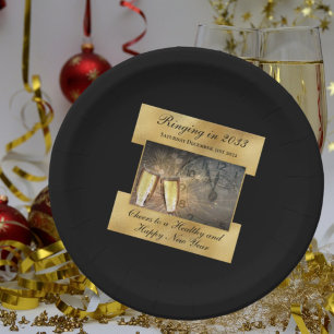 Plato De Papel Feliz Nochevieja elegante oro negro moderno