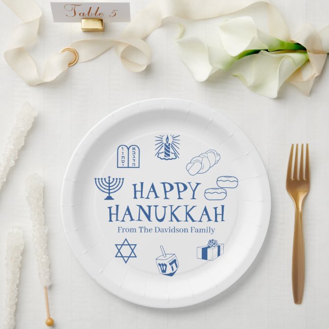 Plato De Papel Feliz nombre de familia de Hanukkah azul personali (Boda)