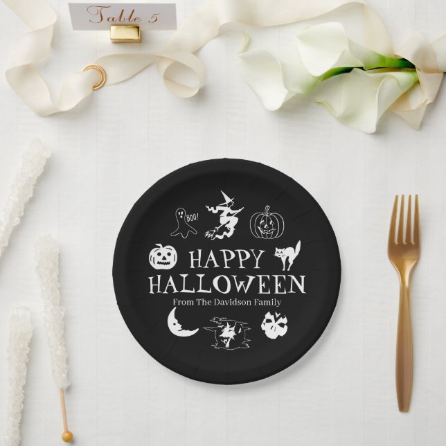 Plato De Papel Feliz nombre personalizado de Halloween espeluznan (Boda)