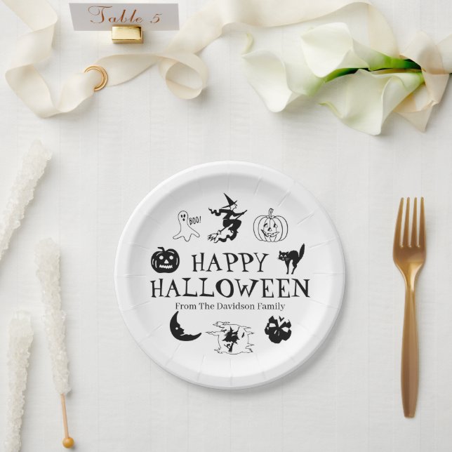 Plato De Papel Feliz nombre personalizado de Halloween espeluznan (Boda)