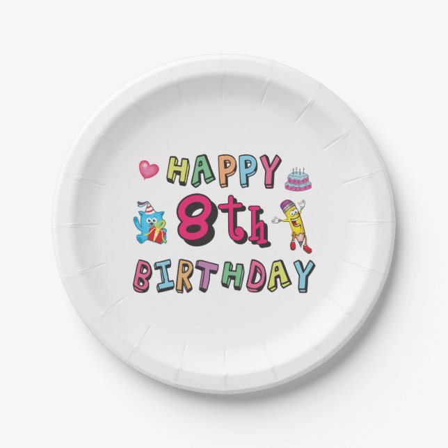 Plato De Papel Feliz octavo cumpleaños. 8 años al día. (Anverso)