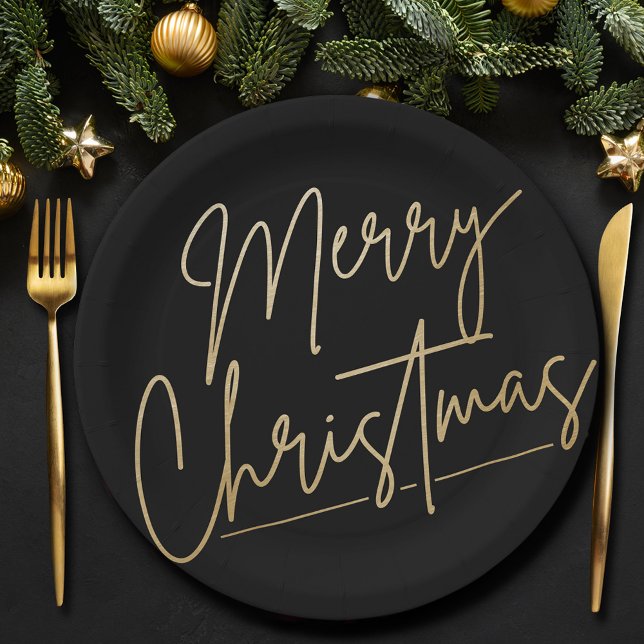 Plato De Papel Feliz oro navideño en negro (Gold Merry Christmas on Black Paper Plates)