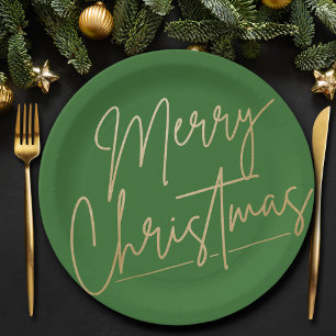 Plato De Papel Feliz oro navideño en verde