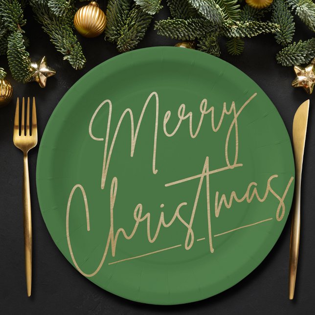 Plato De Papel Feliz oro navideño en verde (Gold Merry Christmas on Green  Paper Plates)