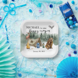 Plato De Papel Feliz Oso Forestal de Cumpleaños de Camper