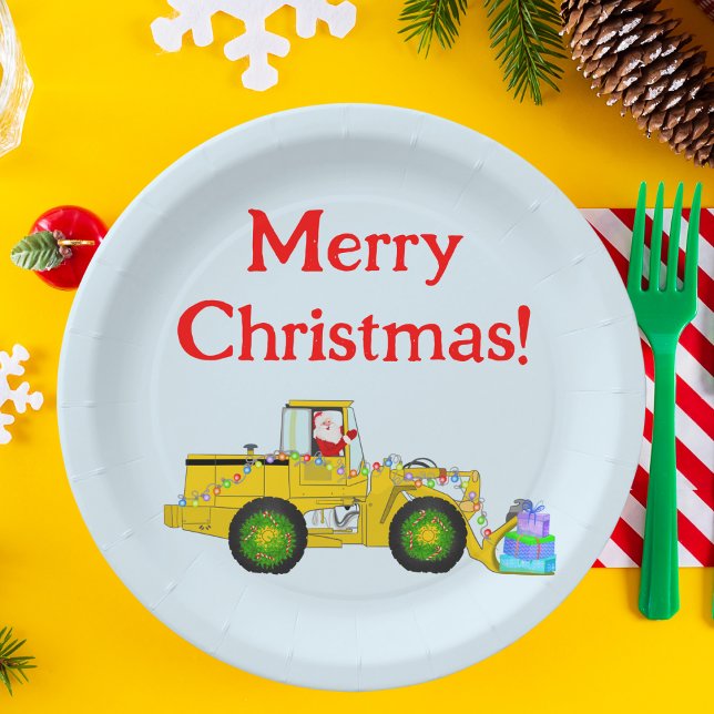 Plato De Papel Feliz Papá Noel en Bulldozer entregando regalo (Santa drives bulldozer: festive plates for construction-loving kids. Celebrate with style!)