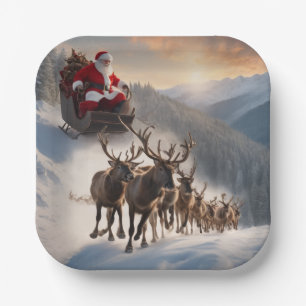 Plato De Papel Feliz Papá Noel y renos