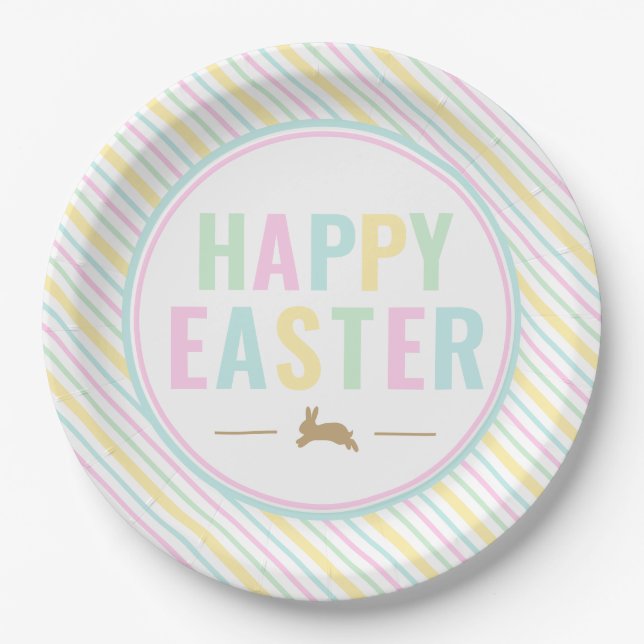Plato De Papel Feliz Pascua Bunny Pastel Stripe (Anverso)