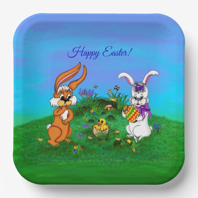 Plato De Papel ¡Feliz Pascua! Conejo con conejo y pollo (Anverso)