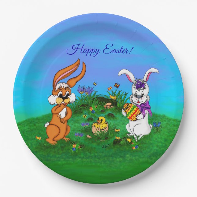 Plato De Papel ¡Feliz Pascua! Conejo con conejo y pollo (Anverso)