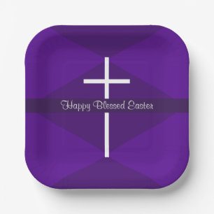 Plato De Papel Feliz Pascua Cruz Blanca Morado Cristiano