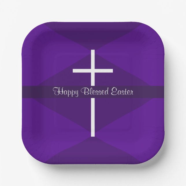 Plato De Papel Feliz Pascua Cruz Blanca Morado Cristiano (Anverso)