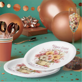 Plato De Papel Feliz Pascua de Resurrección Flores Rosadas y Amar