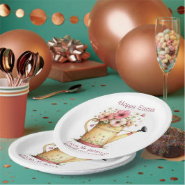 Plato De Papel Feliz Pascua de Resurrección Flores Rosadas y Amar