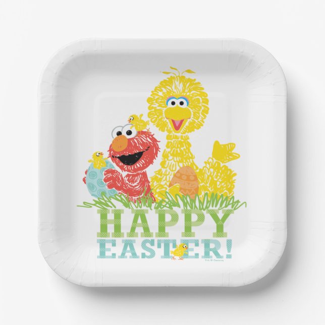 Plato De Papel Feliz Pascua desde Elmo y Big Bird (Anverso)